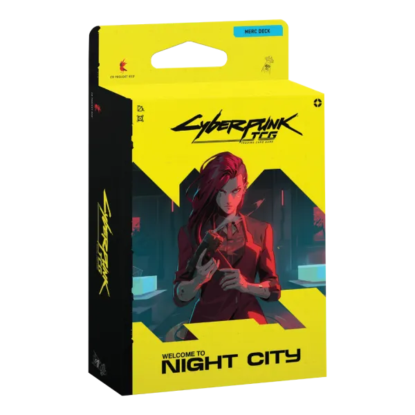 Voorkant van de verpakking van het Cyberpunk TCG Welcome to Night City Starter Deck The Heist pre-order product.