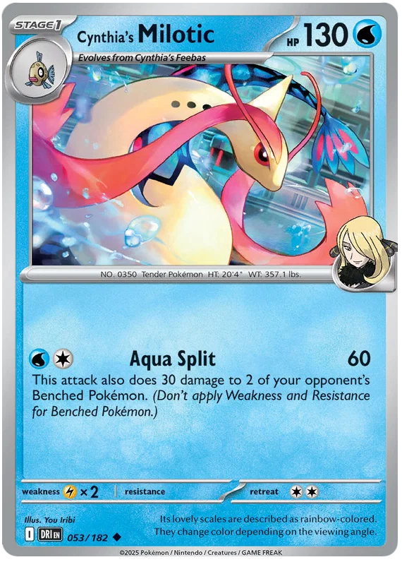 Cynthia's Milotic common Pokémon kaart uit de Destined Rivals set, kaartnummer 053