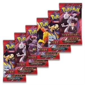 Overzicht van de 6 Pokémon Destined Rivals booster packs die in de bundle zitten
