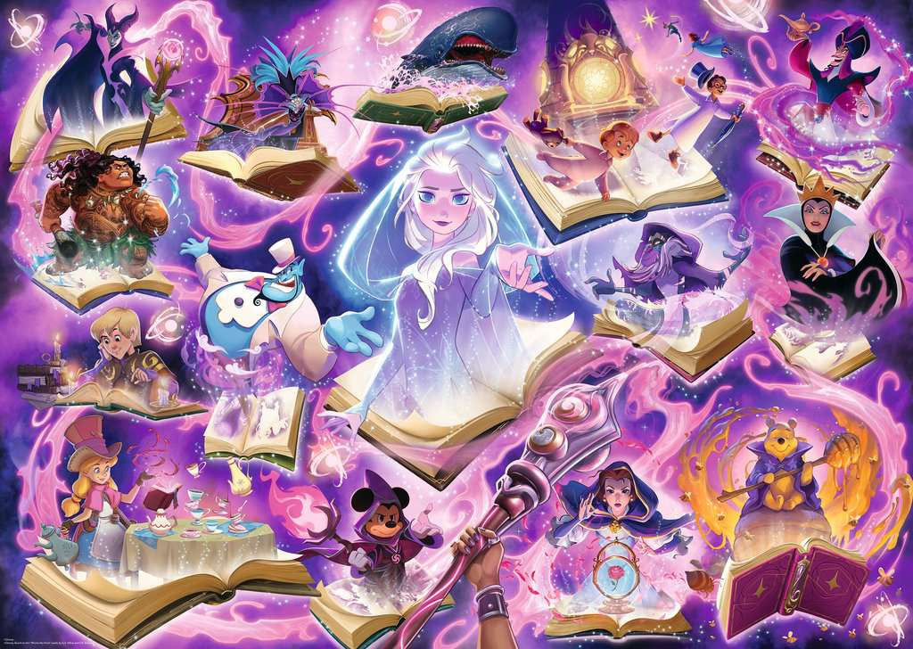 Kleurrijk artwork van de Disney Lorcana Amethyst Inklands puzzel met bekende karakters.
