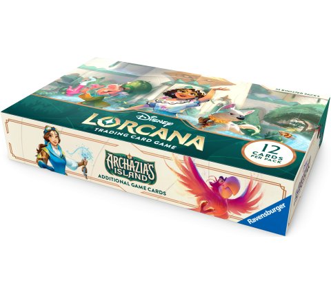 Bovenaanzicht van de geopende Lorcana Archazia's Island boosterbox display waarin de 24 boosterpacks netjes gesorteerd staan.