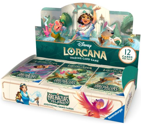 Vooraanzicht van de officiële, gesealde Disney Lorcana Archazia's Island Boosterbox Display.