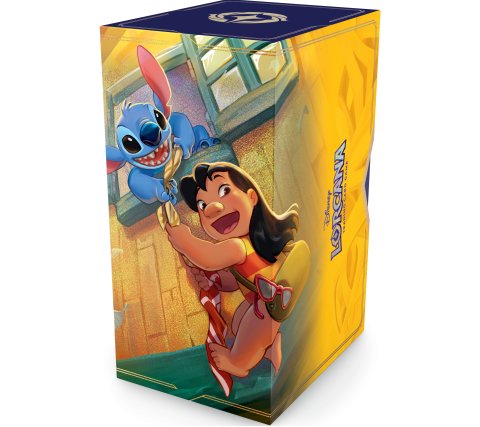Schuinvooraanzicht van de prachtig vormgegeven Disney Lorcana Lilo verzamel- en opbergdoos.