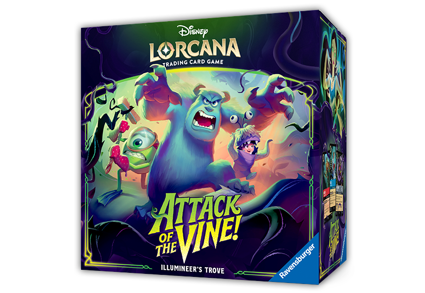 Disney Lorcana Attack of the Vine Illumineer's Trove verpakking met Monsters Inc personages Sulley, Mike en Boo