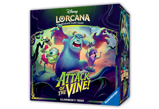 Disney Lorcana Attack of the Vine Illumineer's Trove verpakking met Monsters Inc personages Sulley, Mike en Boo