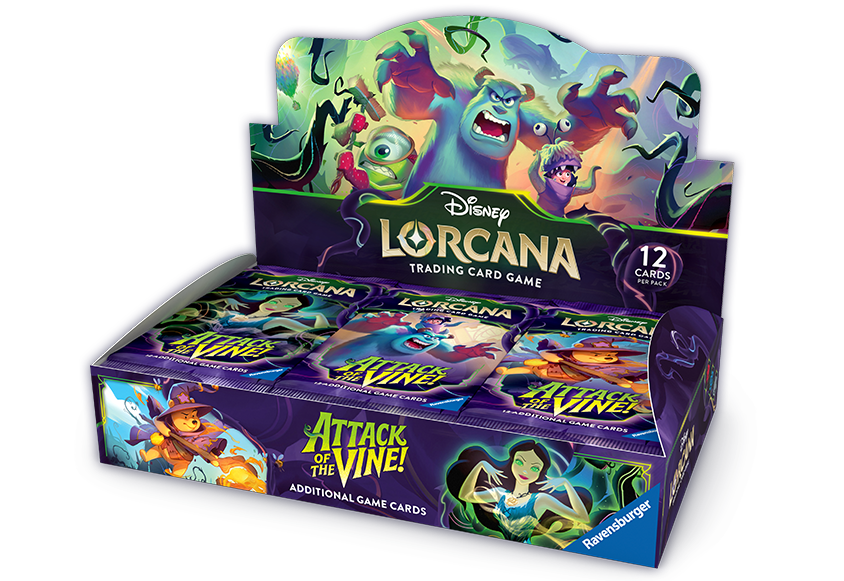 Geopende display box van Disney Lorcana: Attack of the Vine! (Set 13) met 24 booster packs.