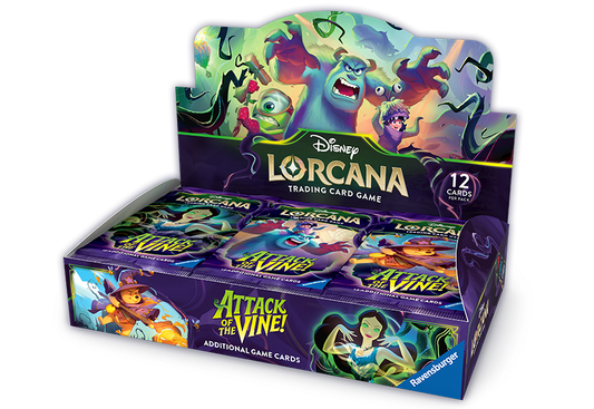 Geopende display box van Disney Lorcana: Attack of the Vine! (Set 13) met 24 booster packs.