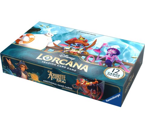 Bovenaanzicht van de geopende Lorcana Azurite Sea boosterbox display waarin de 24 boosterpacks rechtop staan.