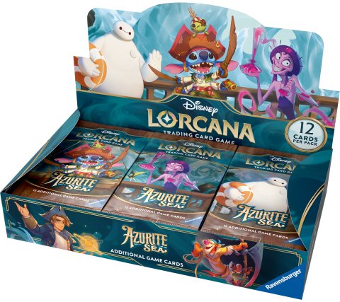Vooraanzicht van de officiële, gesealde Disney Lorcana Azurite Sea Boosterbox Display (Set 6).