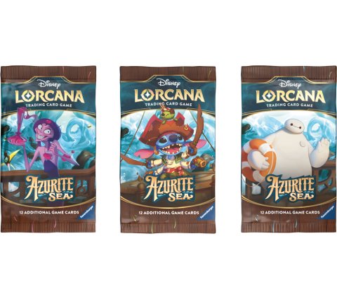Overzicht van de drie verschillende boosterpack artworks uit de Disney Lorcana Azurite Sea set 6 uitbreiding.