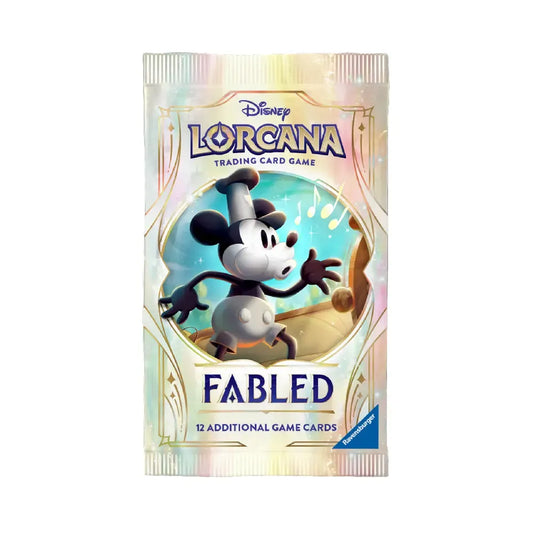 Lorcana Fabled booster – Disney TCG pakje met Dumbo, Scar, Powerline, Mickey en Minnie, Hades en Enchanted kaarten.