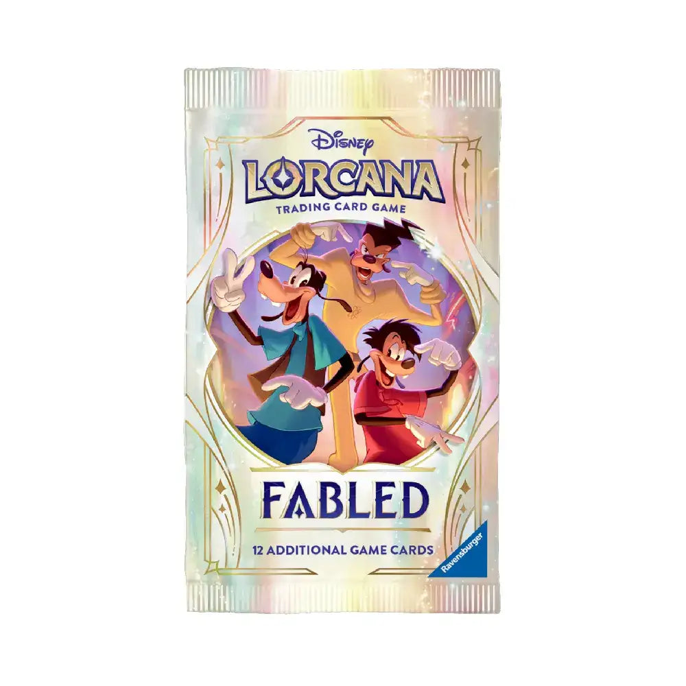 Lorcana Fabled booster – Disney TCG pakje met Dumbo, Scar, Powerline, Mickey en Minnie, Hades en Enchanted kaarten.