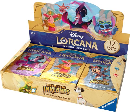 Schuinvooraanzicht van de geopende Disney Lorcana Into the Inklands Boosterbox Display waarin de 24 boosters overzichtelijk klaarstaan.