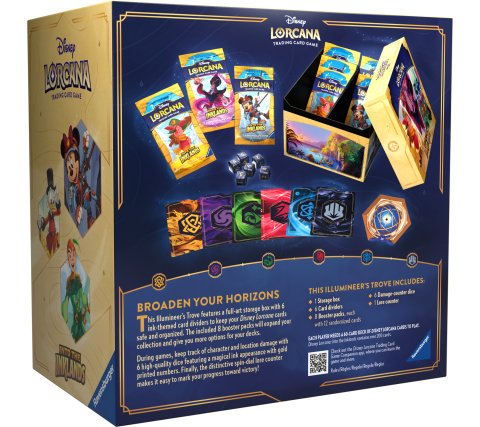 Achterkant van de Disney Lorcana Into the Inklands Trove doos met de volledige inhoudslijst en productinformatie.