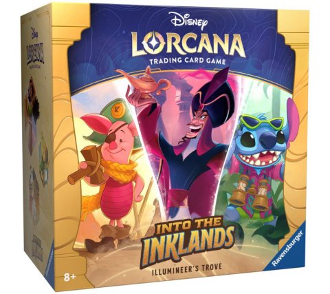 Vooraanzicht van de officiële verpakking van de Disney Lorcana Into the Inklands Illumineer's Trove.