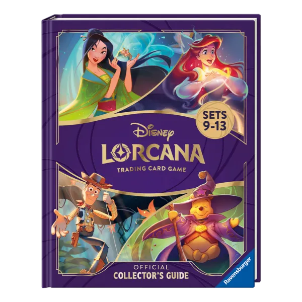 Vooraanzicht van de omslag van de officiële Engelstalige Disney Lorcana Collector’s Guide voor de sets 9 tot en met 13.