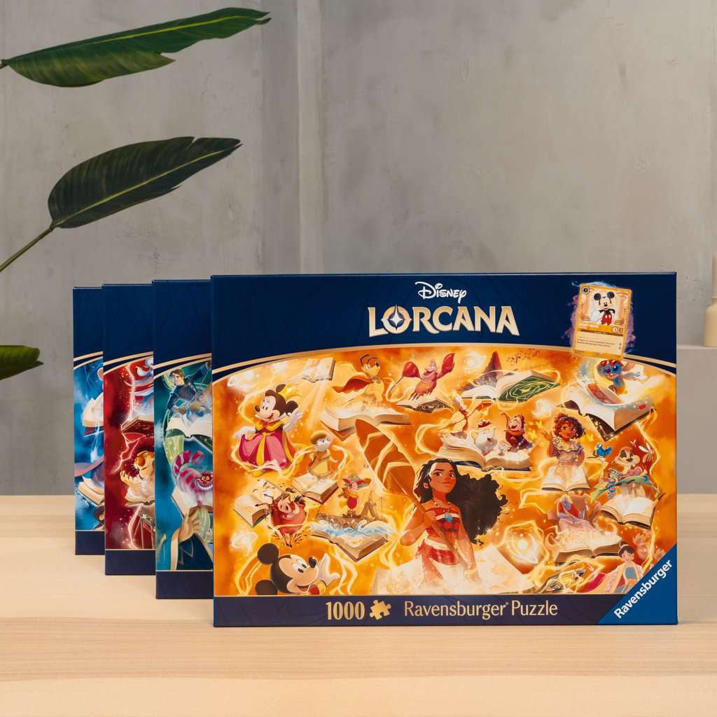 Een verzameling van de verschillende Disney Lorcana puzzels uit de Glimmers of the Realm serie bij elkaar.