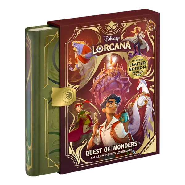Het Engelstalige Disney Lorcana Quest of Wonders An Illumineer's Lorebook hardcover dagboek, deels uit de luxe geïllustreerde slipcase geschoven.