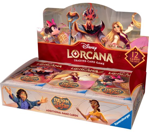 Bovenaanzicht van de geopende Lorcana Reign of Jafar boosterbox display waarin de 24 boosterpacks netjes gesorteerd staan.