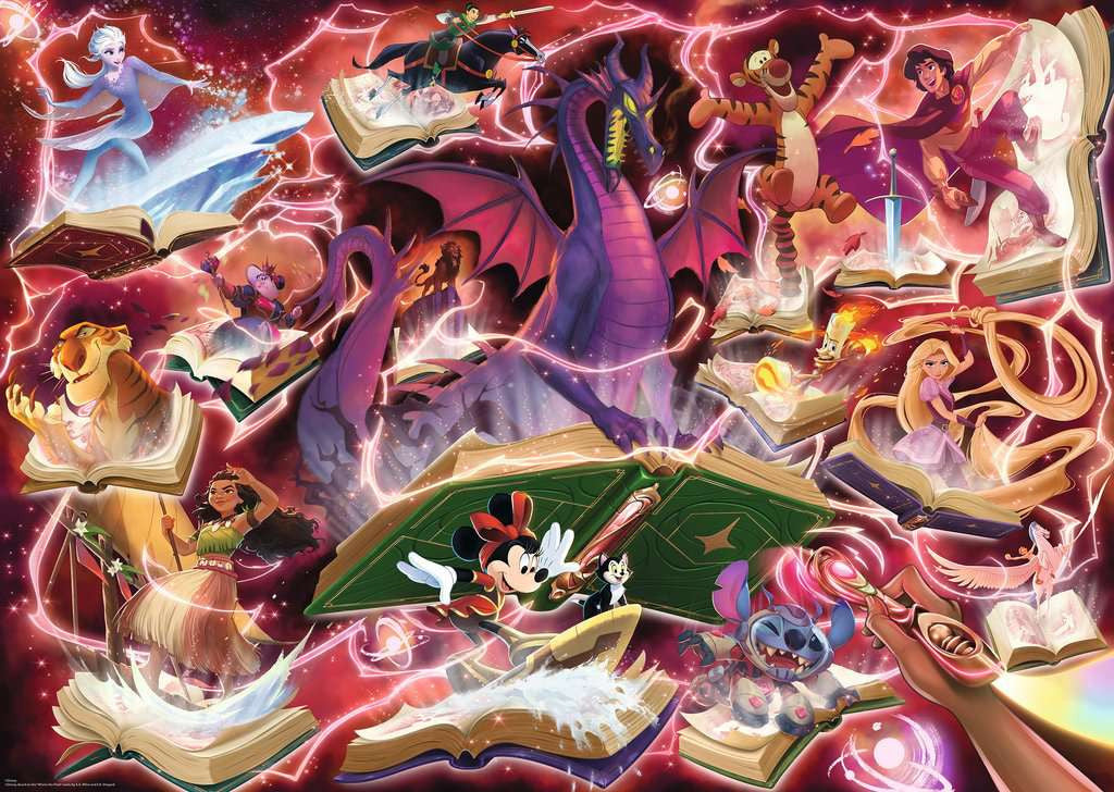 Gedetailleerd en actievol artwork van de Disney Lorcana Ruby Inklands puzzel van 1000 stukjes.