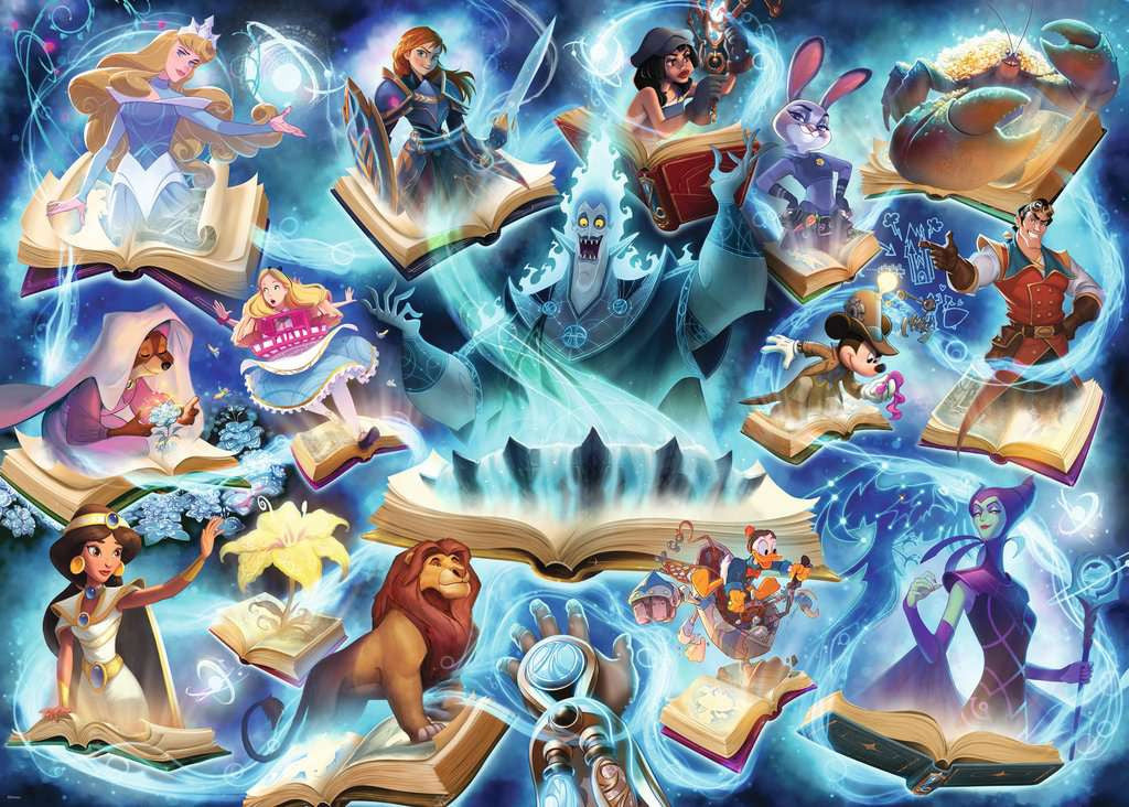 Gedetailleerd en kleurrijk artwork van de Disney Lorcana Sapphire Inklands puzzel van 1000 stukjes.