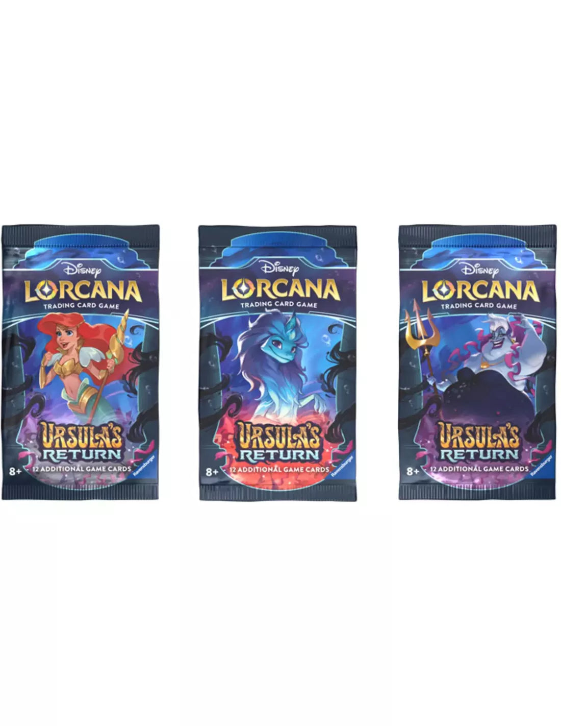 Overzicht van de drie verschillende boosterpack verpakkingsontwerpen uit de Disney Lorcana Ursula's Return set netjes naast elkaar.