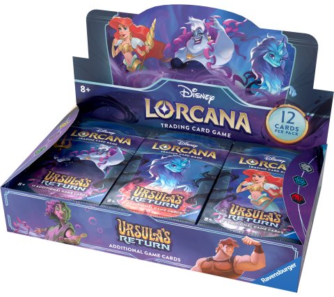 Schuinvooraanzicht van de geopende Disney Lorcana Ursula's Return Boosterbox Display waarin de 24 boosters overzichtelijk klaarstaan.