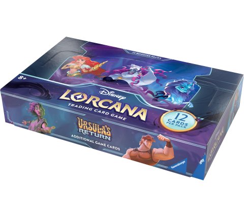 Schuinvooraanzicht van de fabrieksmatig gesealde, gesloten Disney Lorcana Ursula's Return Boosterbox Display.