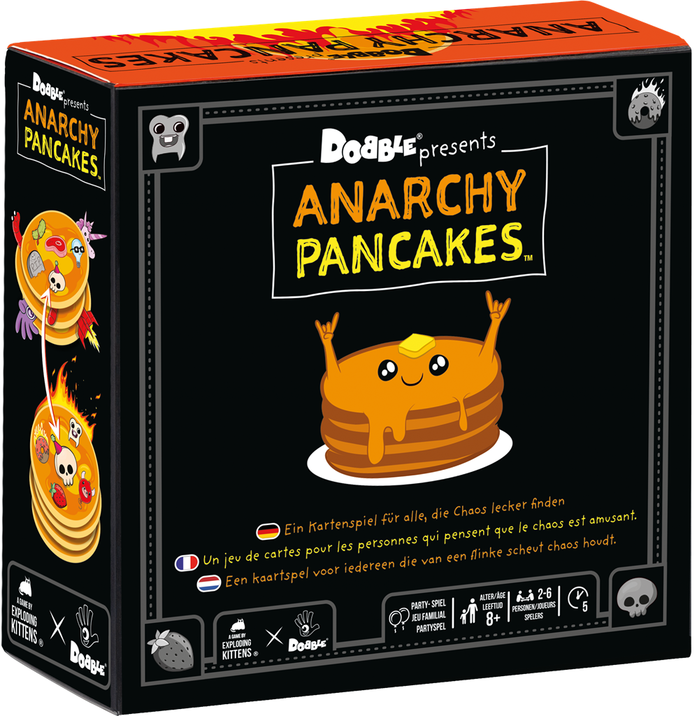 Dobble Anarchy Pancakes kaartspel verpakking met kleurrijke illustraties en pancakes - vooraanzicht