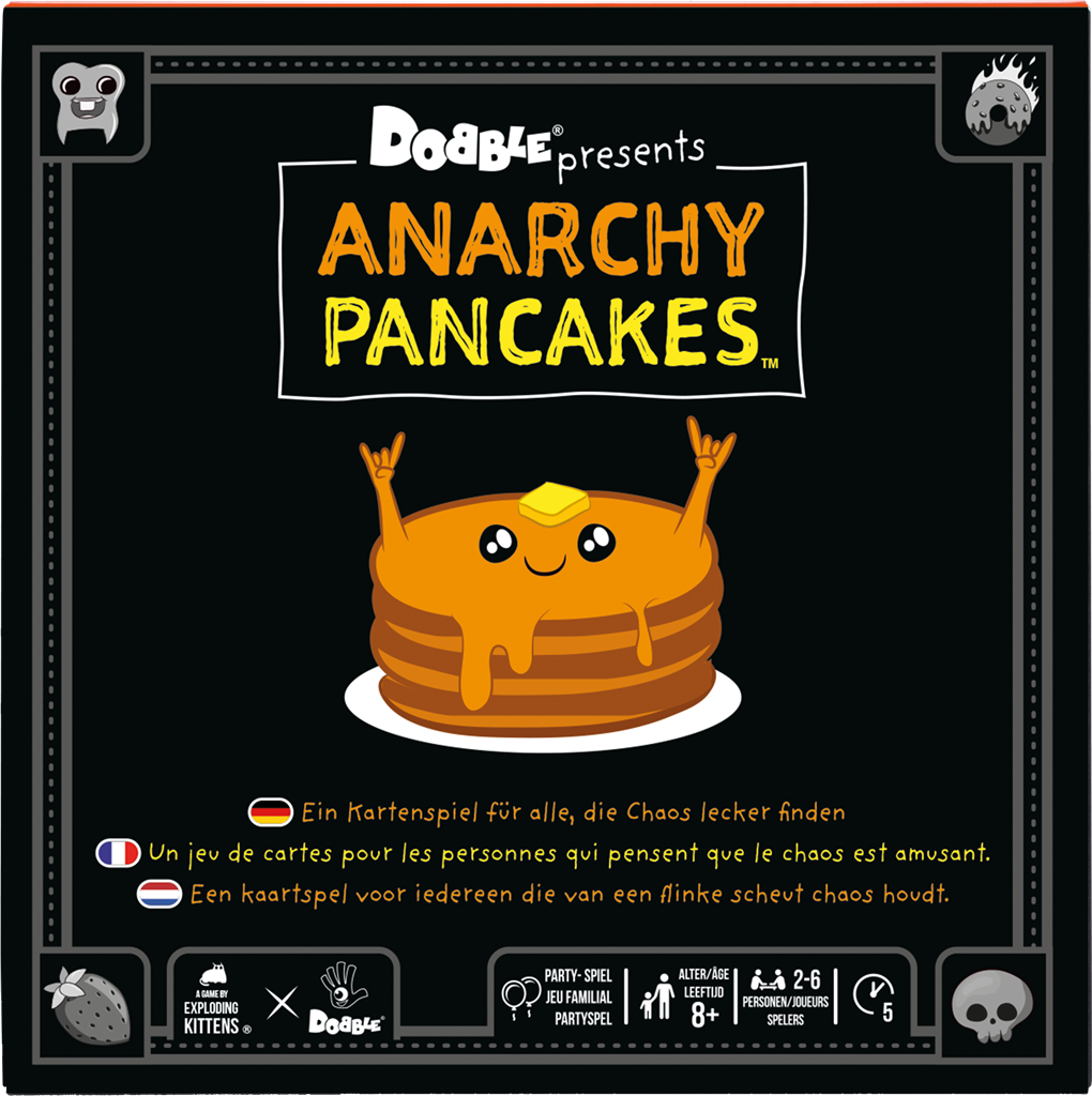 Dobble Anarchy Pancakes kaartspel verpakking met kleurrijke illustraties en pancakes - verpakking