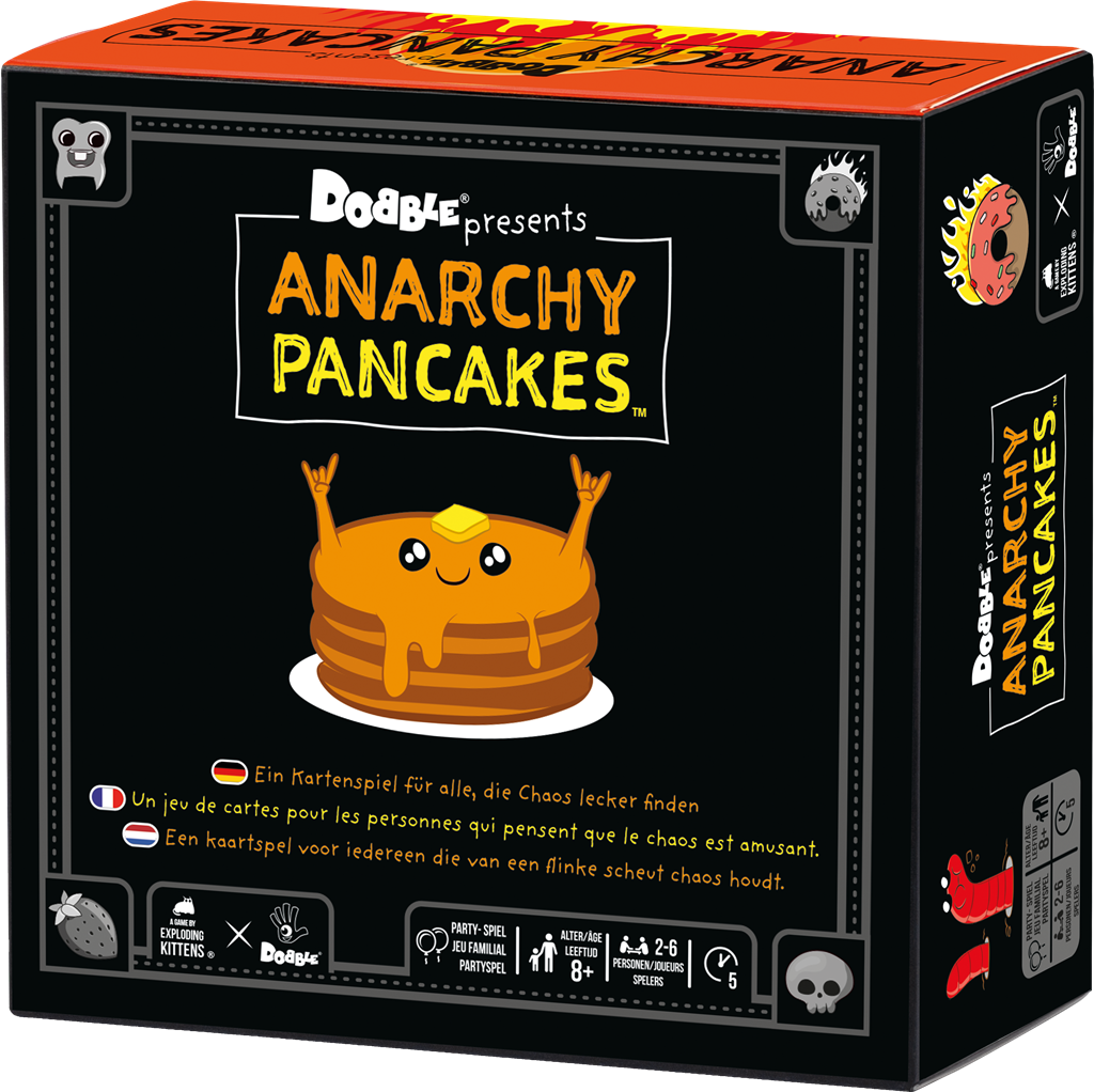 Dobble Anarchy Pancakes kaartspel verpakking met kleurrijke illustraties en pancakes - zijaanzicht