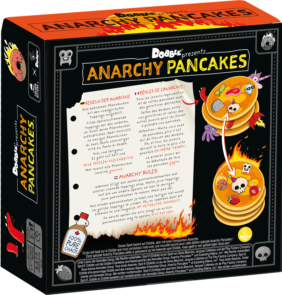 Dobble Anarchy Pancakes kaartspel verpakking met kleurrijke illustraties en pancakes - detailfoto