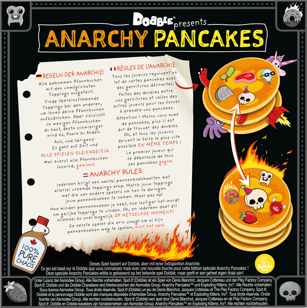 Dobble Anarchy Pancakes kaartspel verpakking met kleurrijke illustraties en pancakes - achteraanzicht