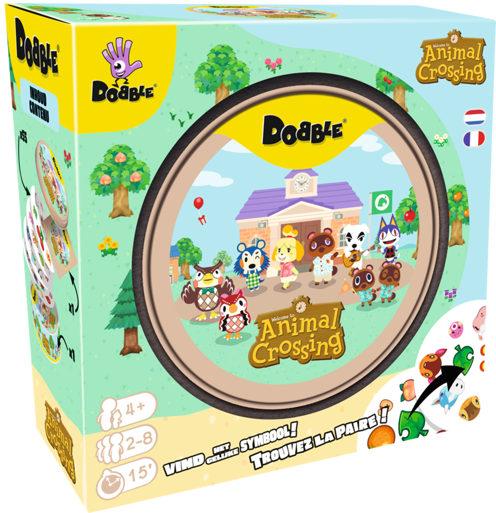 Dobble Animal Crossing kaartspel in ronde metalen opbergtin met bekende personages - vooraanzicht
