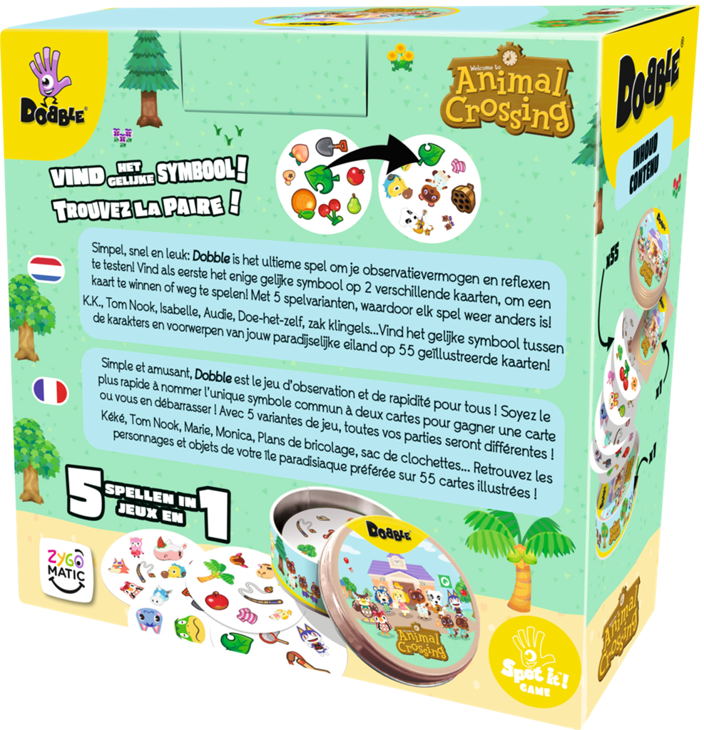 Dobble Animal Crossing kaartspel in ronde metalen opbergtin met bekende personages - verpakking