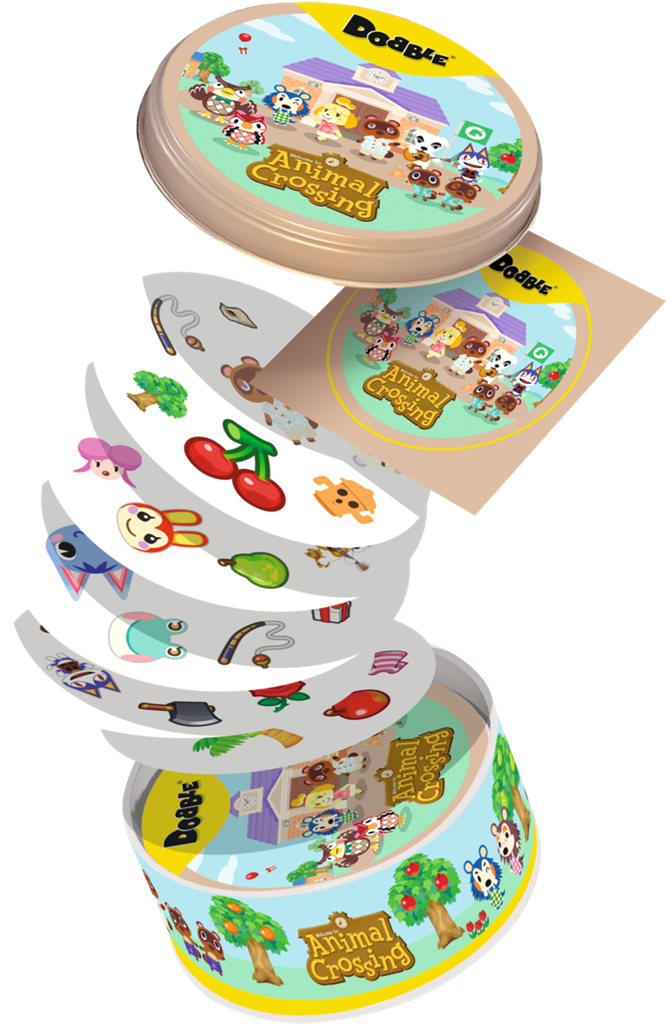 Dobble Animal Crossing kaartspel in ronde metalen opbergtin met bekende personages - zijaanzicht