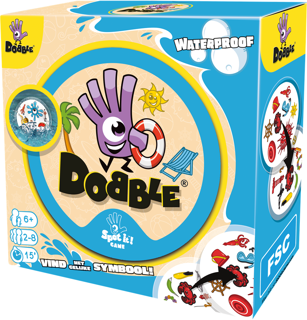 Dobble Beach NL waterafstotend kaartspel met strandtasje en ronde kaarten - verpakking