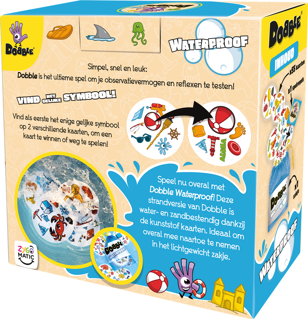 Dobble Beach NL waterafstotend kaartspel met strandtasje en ronde kaarten - zijaanzicht