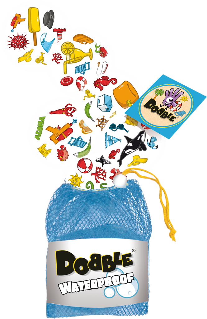 Dobble Beach NL waterafstotend kaartspel met strandtasje en ronde kaarten - detailfoto