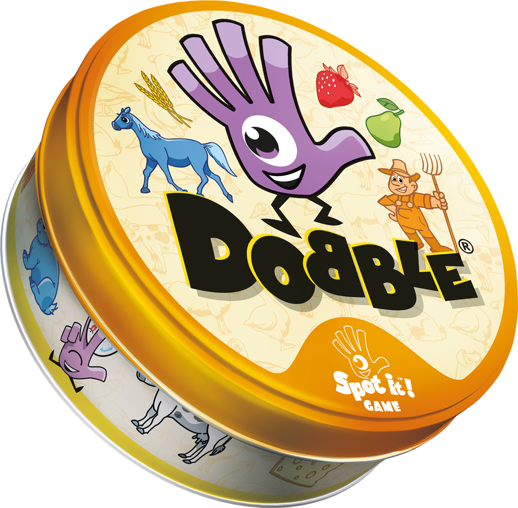 Dobble Boerderij kaartspel blikje met speelkaarten en boerderij symbolen - vooraanzicht
