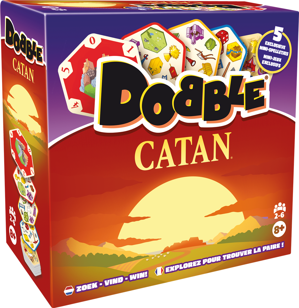Dobble Catan kaartspel verpakking met iconische Catan symbolen en snelle speelkaarten - vooraanzicht