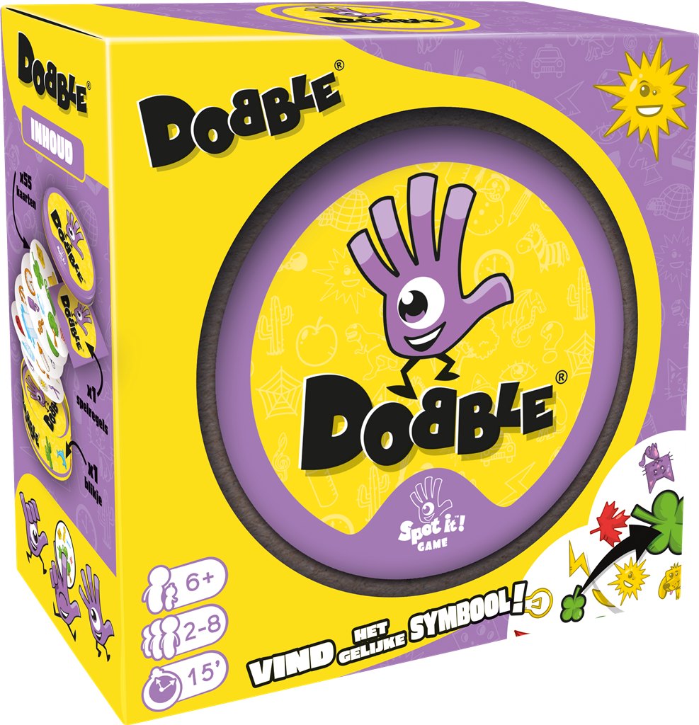 Dobble Classic NL kaartspel verpakking met ronde blikken doos en speelkaarten - vooraanzicht