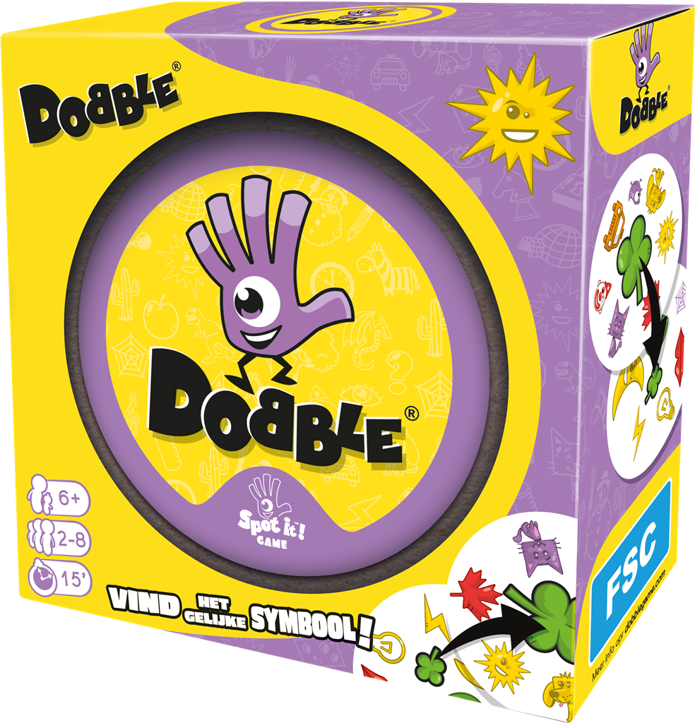 Dobble Classic NL kaartspel verpakking met ronde blikken doos en speelkaarten - verpakking