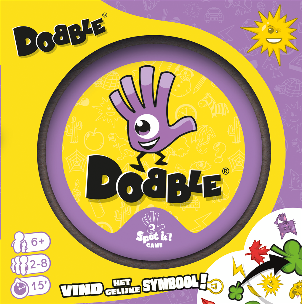 Dobble Classic NL kaartspel verpakking met ronde blikken doos en speelkaarten - zijaanzicht