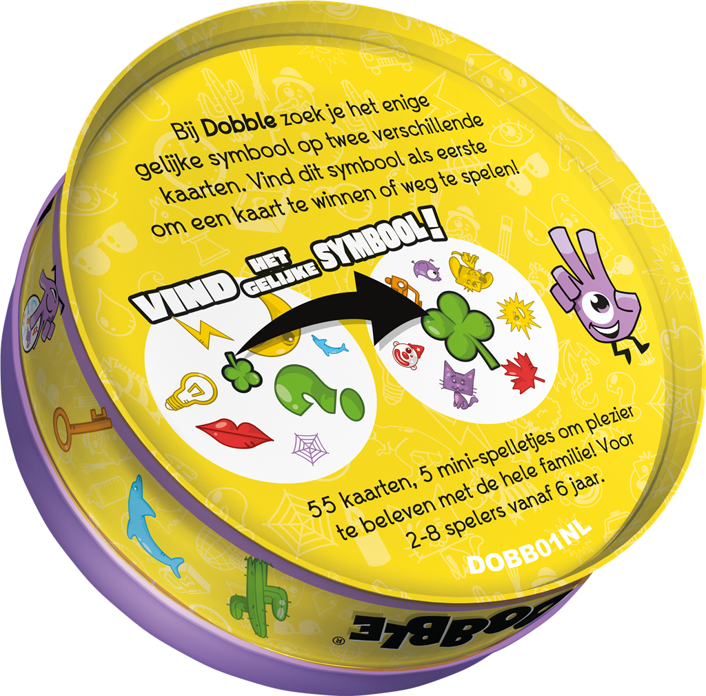 Dobble Classic NL kaartspel verpakking met ronde blikken doos en speelkaarten - zijaanzicht