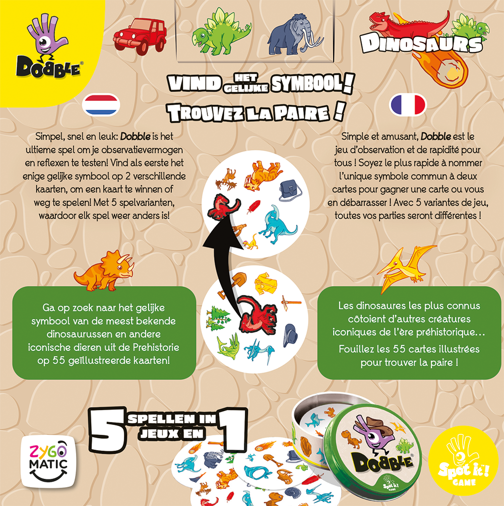 Dobble Dinosaurs kaartspel in ronde metalen tin met prehistorische symbolen en dinosauriërs - zijaanzicht