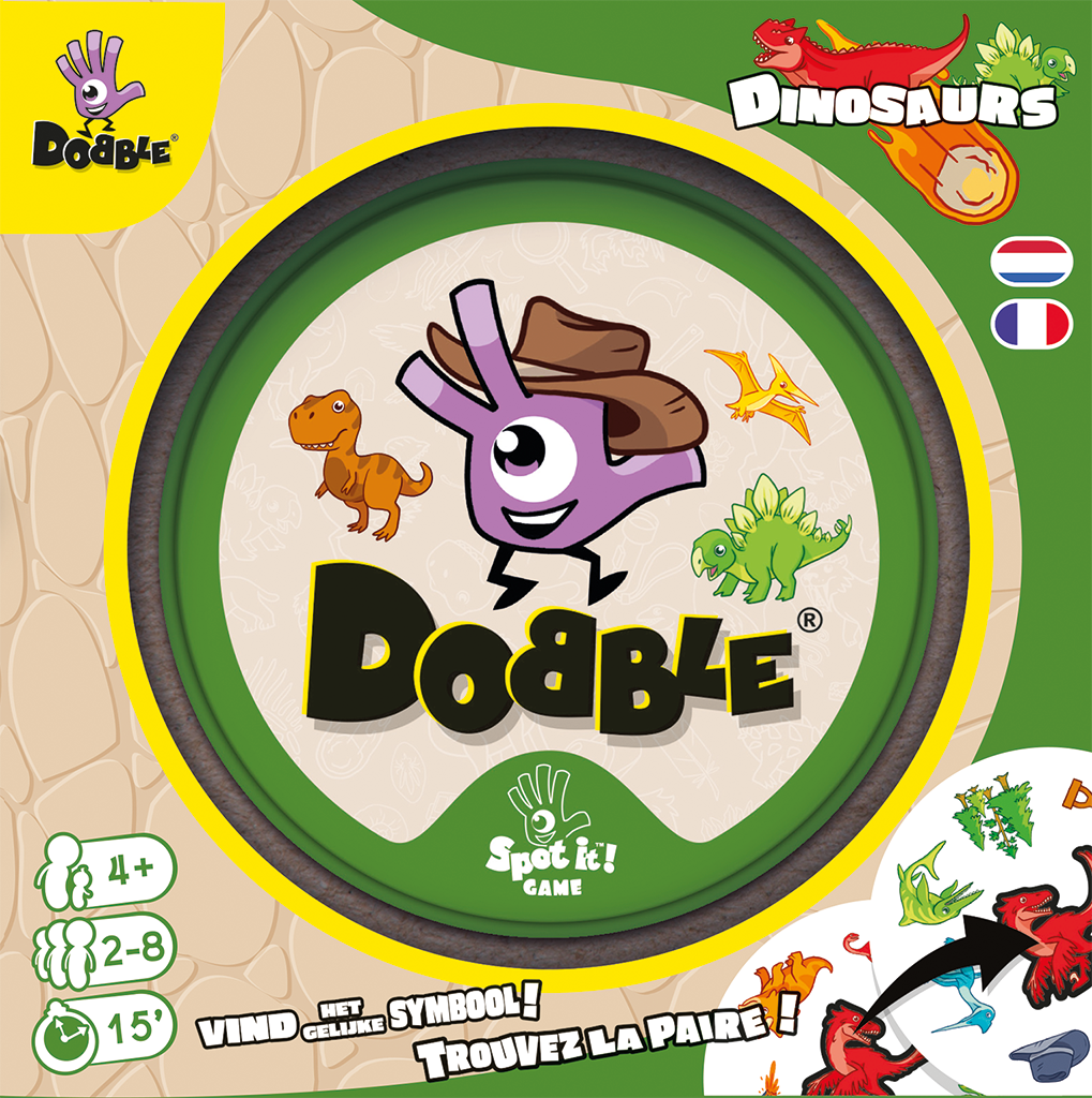 Dobble Dinosaurs kaartspel in ronde metalen tin met prehistorische symbolen en dinosauriërs - detailfoto