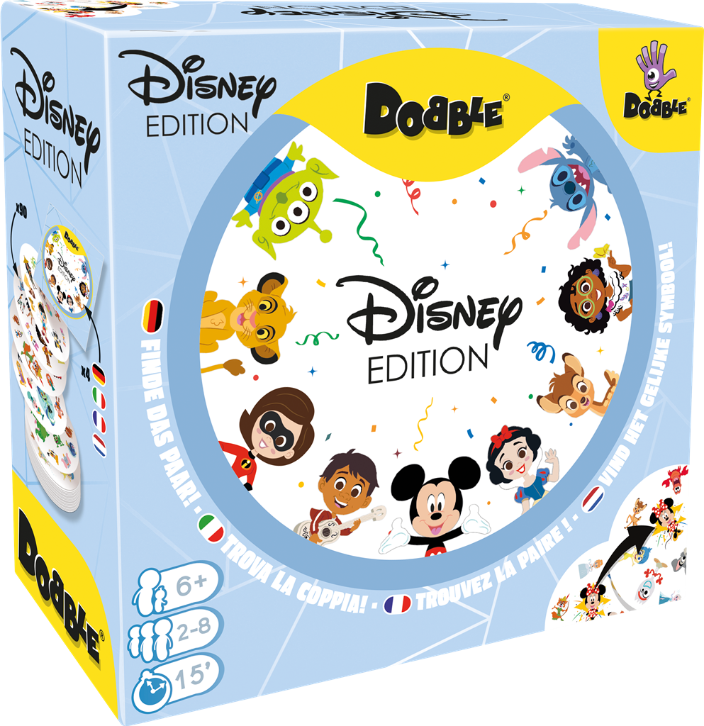 Dobble Disney NL kaartspel verpakking met Disney en Pixar figuren - vooraanzicht