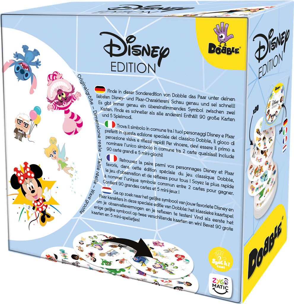 Dobble Disney NL kaartspel verpakking met Disney en Pixar figuren - verpakking