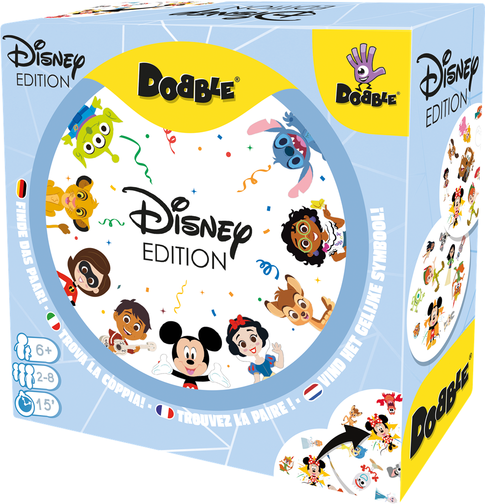 Dobble Disney NL kaartspel verpakking met Disney en Pixar figuren - zijaanzicht